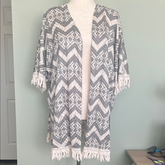 Cato Sweaters - Cato Beige and Black Patterned Knit Poncho Style Sweater